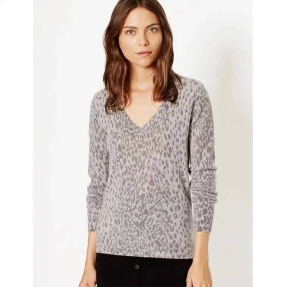 Equipment Femme 100% Cashmere V-neck Cheetah Leopard Animal Print (Gray) - Small
